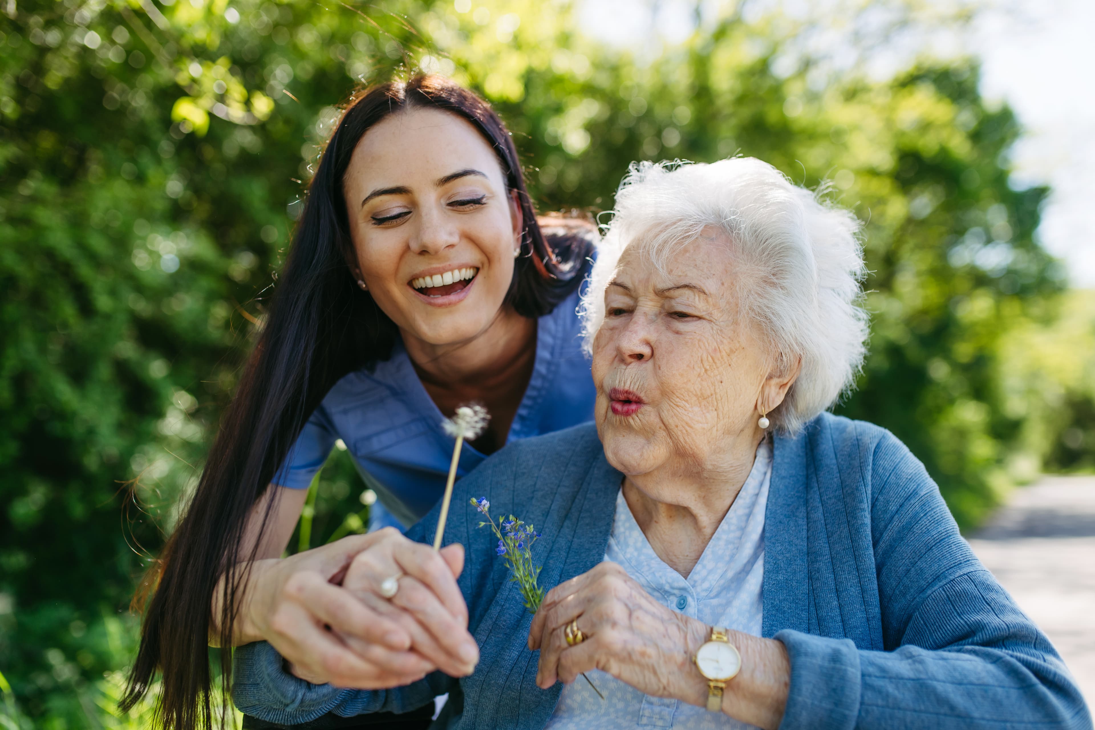Female caregiver and senior woman in wheelchair holding dandelion, picking wild flowers. Nurse and elderly woman enjoying a warm day in nursing home, public park.